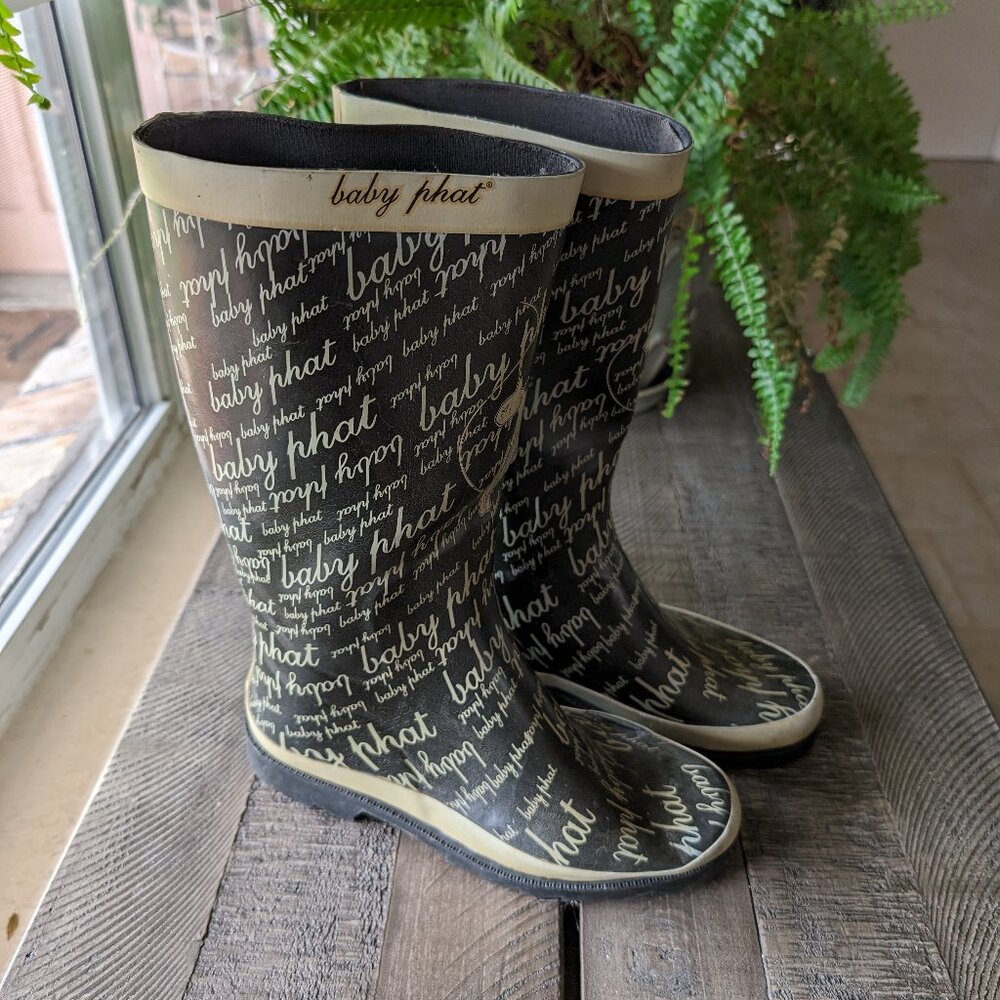 Vintage Baby Phat Graphic Black & Grey Tall Rubber Rain Winter Snow Boots Size 7